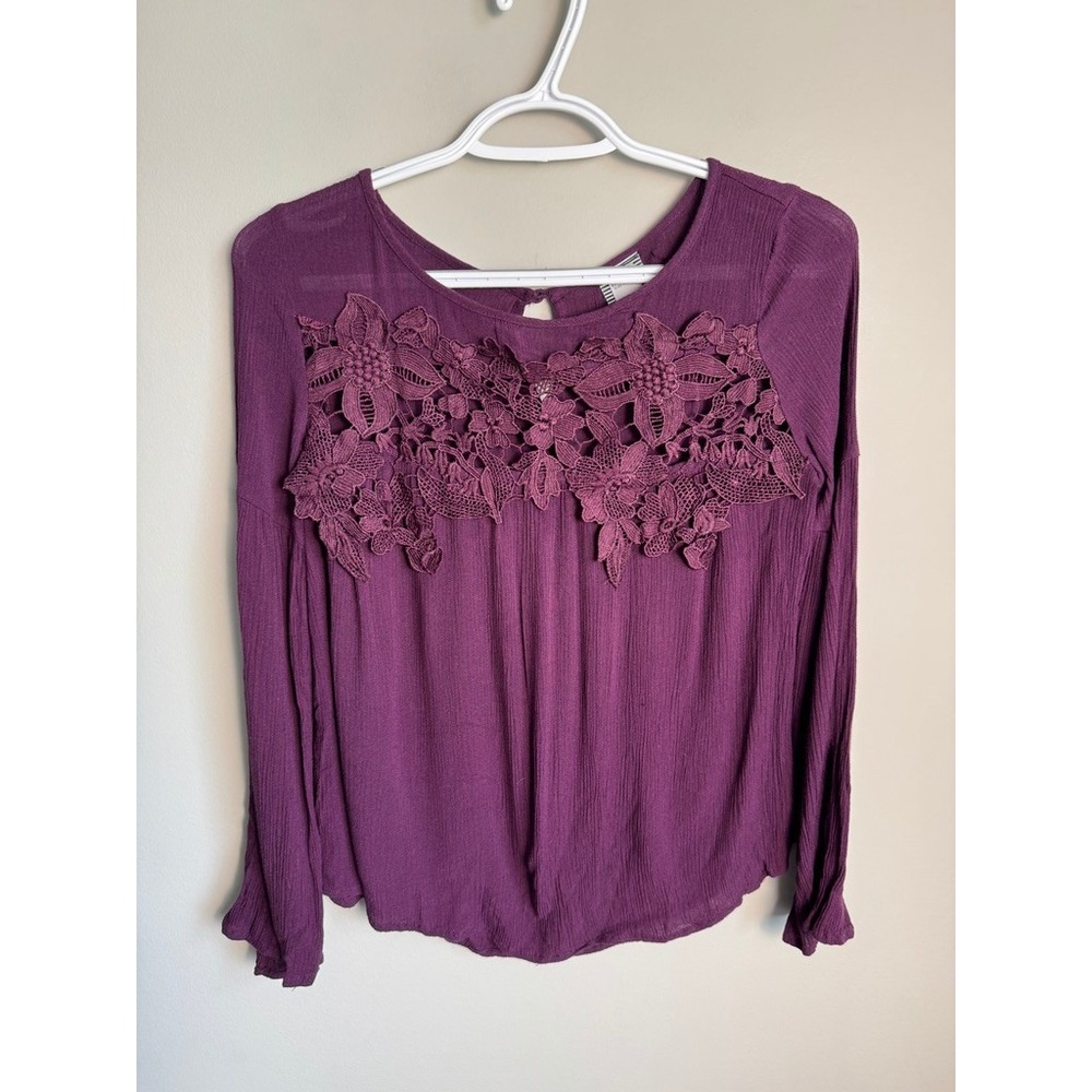 Guest Editor Lace Yoke Long Sleeve Blouse Women Medium Plum Purple Boho Romantic